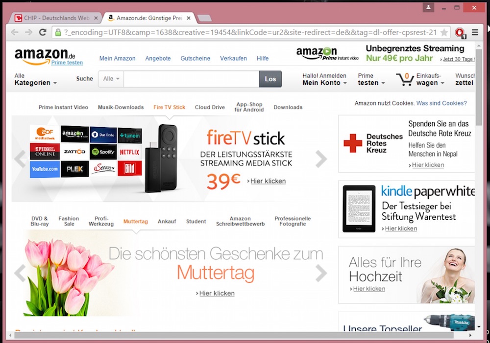 Amazon über den Chip-Installer geöffnet (Bild: Screenshot Amazon).