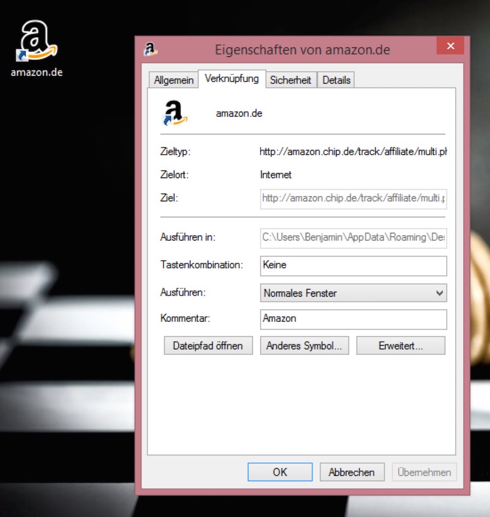 Das sichere Amazon Symbol ist eine Verknüpfung mit Affiliate-Link (Bild: Screenshot Einstellungen).