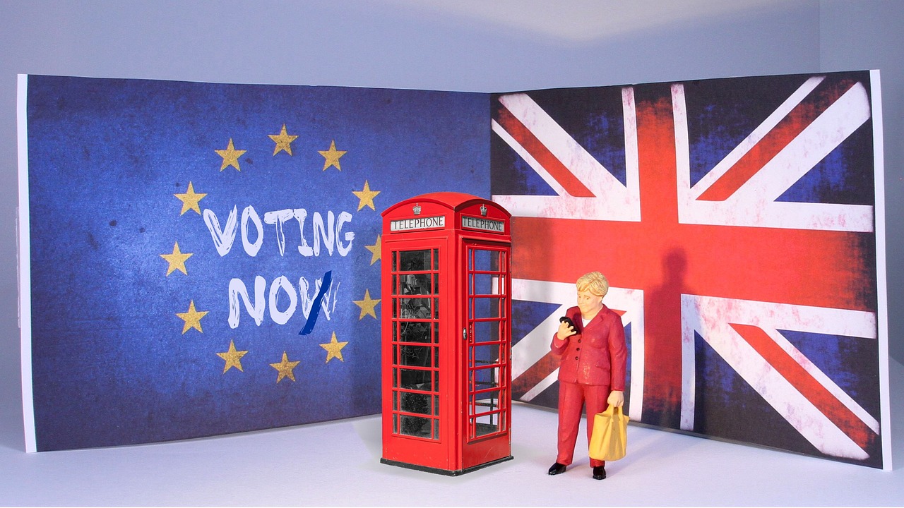 European flag and UK flag, UK telephone box and woman.