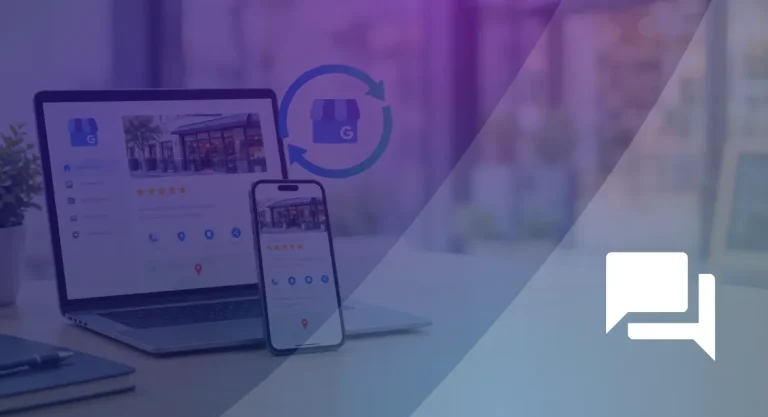 How to Offer Google Business Profile Management as a Recurring Service Laptop and phone displaying a Google Business Profile with five-star reviews, a sync icon, and a chat icon for profile management