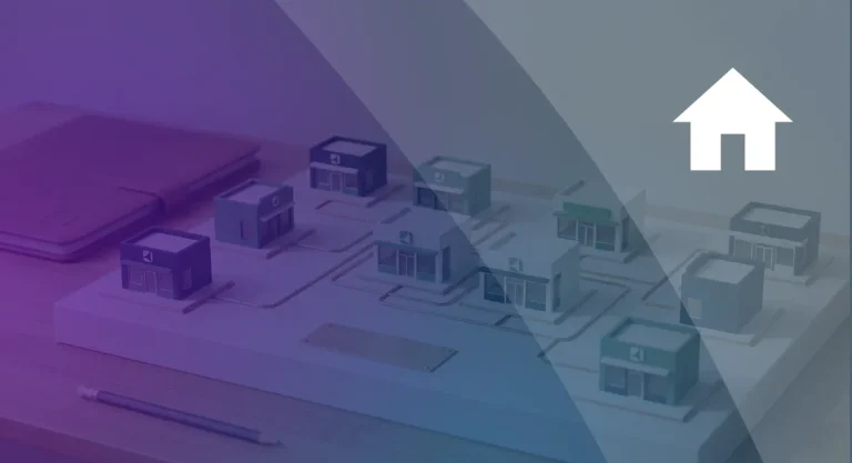 Top Franchise Management Software to Streamline Operations Miniature model of interconnected store buildings on a desk with a white house icon overlay
